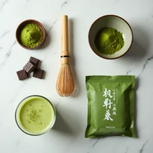 Σύνθεση διαφόρων προϊόντων matcha, συμπεριλαμβανομένων σκόνης, τσαγιού και γλυκών