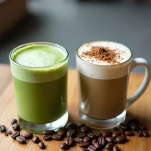 Δύο φλιτζάνια δίπλα-δίπλα, ένα με πράσινο matcha και ένα με μαύρο καφέ